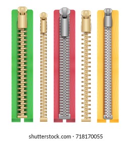Zipper Realistic Vector. Clothes Zippers Set. Isolated Illustration
