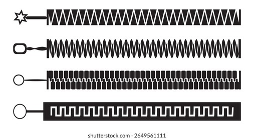 Conjunto sem emenda com zíper. Diferentes zíperes escova elementos, alfaiate e acessórios da indústria de vestuário. Zippers Vários Tipos Formas Ícone Definir. 