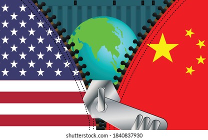 Zipper separates the US and China flags or
Concept of international relations, trade war, US and Chinese flags combined with a zip