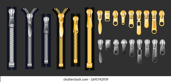 zipper Set of gold and silver metallic closed and open zippers and pullers realistic set isolated on black background vector illustration