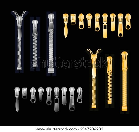 zipper Set of gold and silver metallic closed and open zippers and pullers realistic set isolated on black background vector illustration
