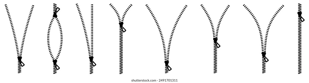 Zipper set. Zipper silhouette collection.  Zipper buttoned. Vector illustration.