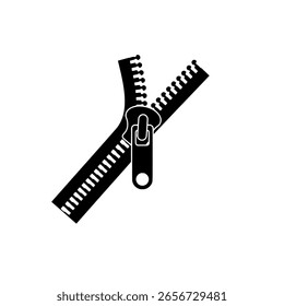 Reißverschluss in einem Winkel dargestellt, teilweise entzippt, als durchgehendes schwarzes Symbol. Eine einfache Grafik für Mode, Kleidung oder Befestigungselemente.
