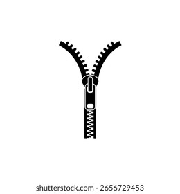 Reißverschluss teilweise entzippt gezeigt, in einer einfachen, sauberen Linie Art Zeichnung. Ein Umrisssymbol für Kleidung, Mode oder Verbindungselemente.