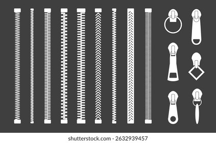 Zipper sign set silhouette. Zipper pattern collection. Different white zippers brush elements, fasteners patterns. Vector illustration
