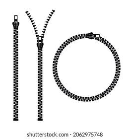 Zipper silhouette. Closed and open zipper. Round frame with zipper.