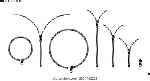 Zipper silhouette. Isolated zippers on white background. Abstract zip icon 