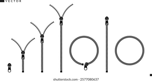 Zipper silhouette. Isolated zippers on white background 