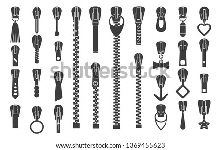 Zipper silhouettes. Zip pulls or zipper pullers vector illustration, black zip lock stock collection isolated on white background