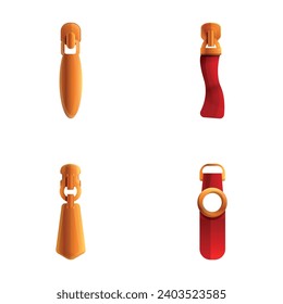Zipper slider icons set cartoon vector. Zip pull for fastener. Accessory for bag and clothing svg
