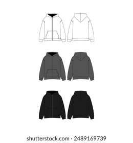 Zipper Sweatshirt Apparel Mock-up Template Vector Clothing Zipper Sweatshirt CAD Design Blank Zipper Sweatshirt Technical Drawing Vector Fashion Illustration Zipper Sweatshirt Flat Vector Mockup