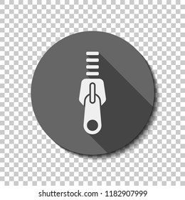 Zipper tool icon, Close state. flat icon, long shadow, circle, transparent grid. Badge or sticker style