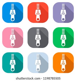 Zipper tool icon, Close state. Set of white icons on colored squares for applications. Seamless and pattern for poster