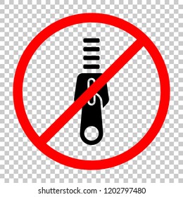 Zipper tool icon, Close state. Not allowed, black object in red warning sign with transparent background