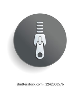 Zipper tool icon, Close state. White paper symbol on gray round button or badge with shadow
