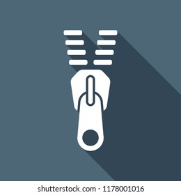 Zipper tool icon, Open state. White flat icon with long shadow on background