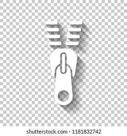 Zipper tool icon, Open state. White icon with shadow on transparent background