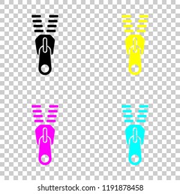 Zipper tool icon, Open state. Colored set of cmyk icons on transparent background