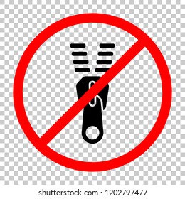 Zipper tool icon, Open state. Not allowed, black object in red warning sign with transparent background