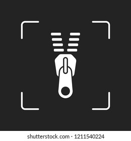 Zipper tool icon, Open state. White object in camera autofocus on dark background