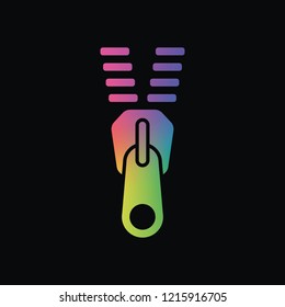 Zipper tool icon, Open state. Rainbow color and dark background