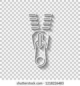 Zipper tool icon, Open state. White outline sign with shadow on transparent background