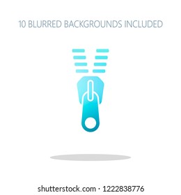 Zipper tool icon, Open state. Colorful logo concept with simple shadow on white. 10 different blurred backgrounds included