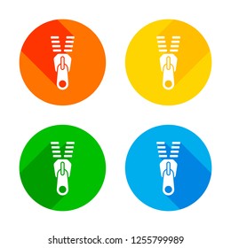 Zipper tool icon, Open state. Flat white icon on colored circles background. Four different long shadows in each corners