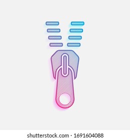 Zipper tool icon, Open state. Colored logo with diagonal lines and blue-red gradient. Neon graphic, light effect