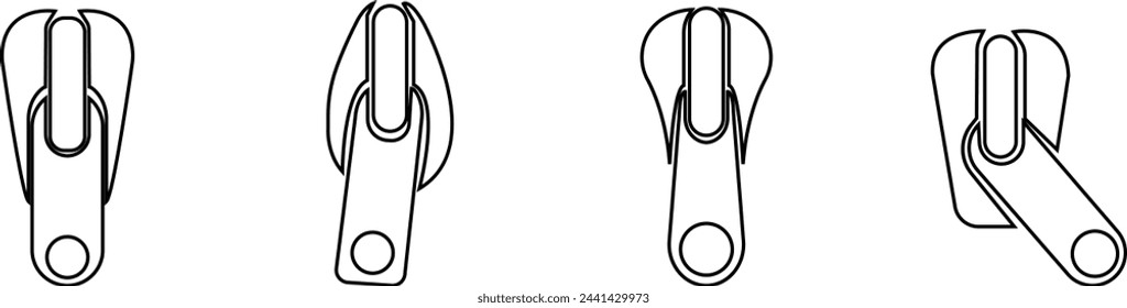 Zipper tool line icon set. open zip lock tailor . Textile and fabric zippers fastener, sewing tools for clothes and bags. Editable stroke vector element design on transparent background. Plastic zip.