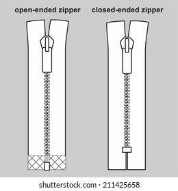 Zipper types. Closed-ended and open-ended scheme zip vector illustration isolated on grey background.