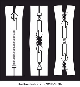 Zipper types. Closed-ended type X and type O scheme zip vector illustration isolated on black background.