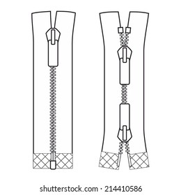 Zipper types. Open-ended types scheme zip vector illustration isolated on white background.
