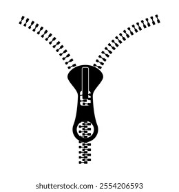 Zipper Vector Illustration. The zipper puller is prominently displayed in the center, with two diverging tracks showing the teeth separated symmetrically.