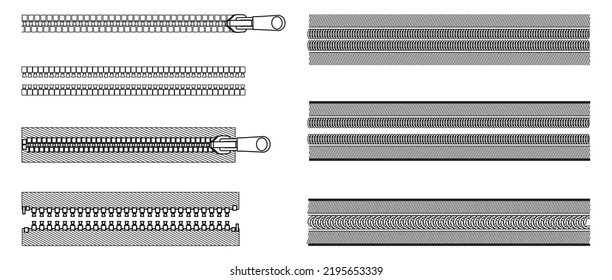 zipper vector illustration technical drawing zipper tapes  pullers garment trims isolated white background 