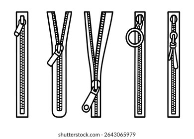 Zipper Vector Line Art Illustration Set for Clothing Bags and Accessories Design