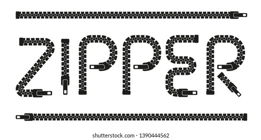 Zipper word blsck simple style letters set. Vector Illustration.