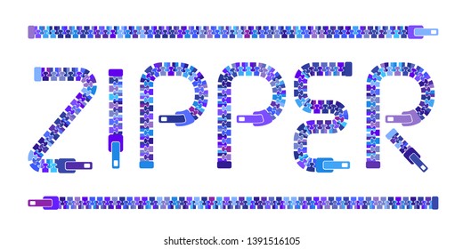 Zipper word blsck simple style letters set. Vector Illustration.