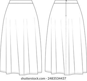 zippered a-line flared midi basic skirt template technical drawing flat sketch cad mockup fashion woman design style model 