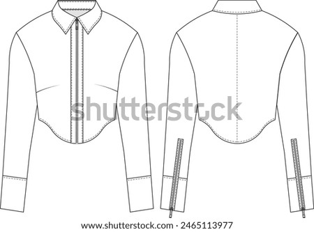 zippered collared long sleeve diamond hem fit blouse shirt template technical drawing flat sketch cad mockup fashion woman design style model