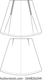 zippered darted tailored mid rise mid waist pleated a line short mini skirt template technical drawing flat sketch cad mockup fashion woman design style model 