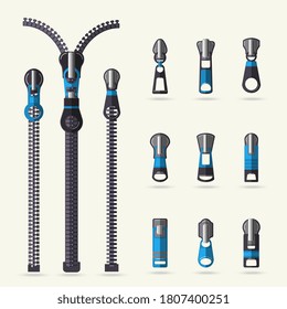 Zippered lock. Metal and plastic fastener, zipper different shape and size isolated set on white background. Sewing wear clasp element illustration. Vector garment component or handbag accessory