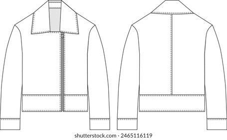 zippered long sleeve short pea coat jacket template tecnical drawing flat sketch cad mockup fashion woman design style model 