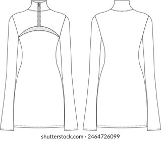 cremallera de corte bajo cuello alto trompeta de cuello alto de manga larga vestido corto de Plantilla dibujo técnico plano sketch cad maqueta de moda mujer diseño estilo modelo