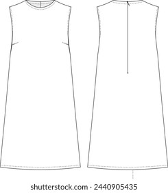 zippered sleeveless round neck crew neck trapezoid short dress template technical drawing flat sketch cad mockup fashion woman design style model