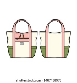 zippered tote bag with outer pocket, handbag with front open pocket, vector illustration sketch template isolated on white background - Vector