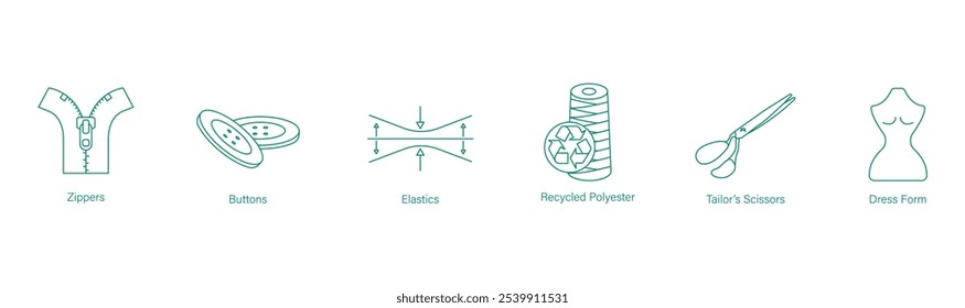 Reißverschlüsse, Knöpfe, Elastik, Recycling, Polyester, Schneiderschere, Kleid Form Icon Set