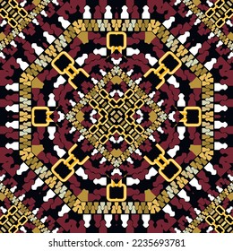 Zapatillas y cadenas modernas y sin costuras. Fondo vector colorido texturizado ornamental. Repetir el fondo decorativo. Hermosos adornos con cadenas doradas, cremalleras, octógonos, rhombus. Diseño ordenado