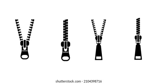  Zippers. Open and closed zippers icons set. Solid vector black icon isolated on white background.