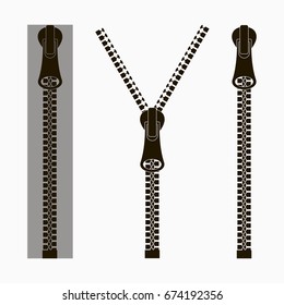 Zippers. Set of closed and open zip with fastener. Clasp for clothes. Vector illustration.